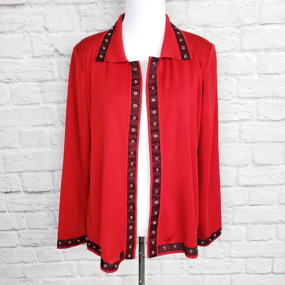 Exclusively Misook Red Jacket Black Grosgrain Ribbon Silver Grommet Trim Size XS